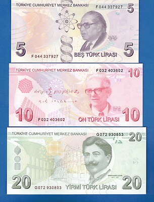 #ad Turkey P 222e P 223f P224 5 10 20 Lira Year 2009 Uncirculated Banknotes Set # 2 $8.95