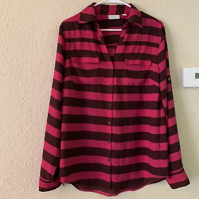 #ad New York amp; Company Women Button Front Long Sleeve Thin Blouse Size L Brown pink $15.00