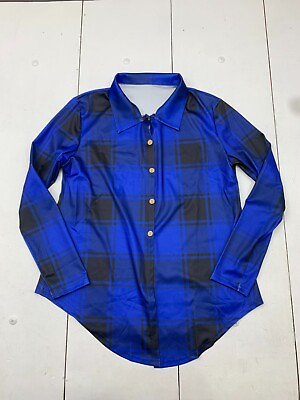 #ad Womens Blue Black Plaid Button Up Long Sleeve Shirt Size XL $14.00