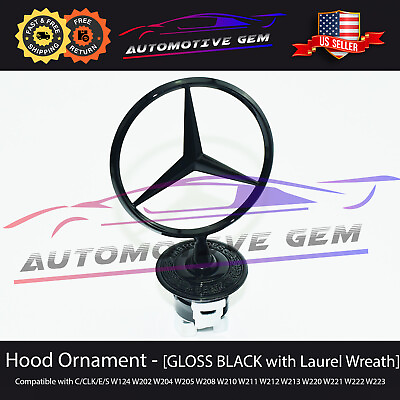 #ad OEM Front Hood Ornament Standing Mercedes Star GLOSS BLACK Laurel Wreath Logo $75.99