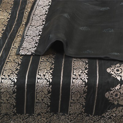 #ad Sanskriti Vintage Black Sarees Pure Satin Silk Hand Woven Brocade Sari 5Ydfabric $74.46
