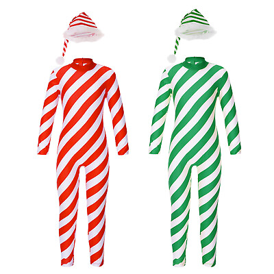 #ad Kids Girls Boys Dance Jumpsuit Christmas Candy Cane Costume Xmas Party Bodysuit $19.73