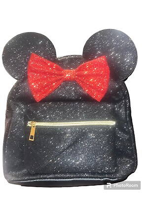 #ad Disney Minnie Mouse Red Bow 3D Ears Black Glitter Mini Backpack Bag Day Purse $27.58