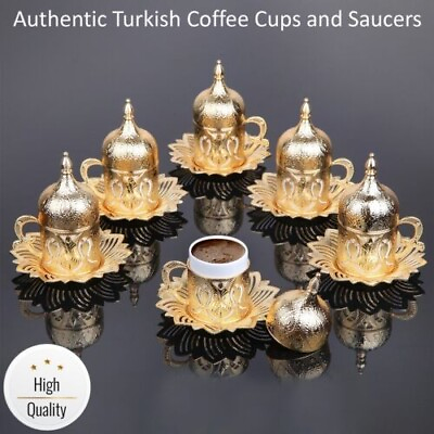 #ad Ahsen Turkish Coffee Cup Set of 6 with Metal Saucer Cup Holder and Lid $76.00