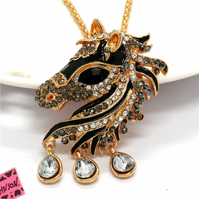 #ad New Fashion Women Rhinestone Black Enamel Crystal Horse Pendant Chain Necklace $3.68
