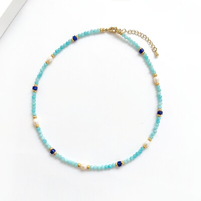 #ad Women Natural Amazonite Lapis Lazuli Pearl 14K Gold Jewelry Blue Choker Necklace $25.99