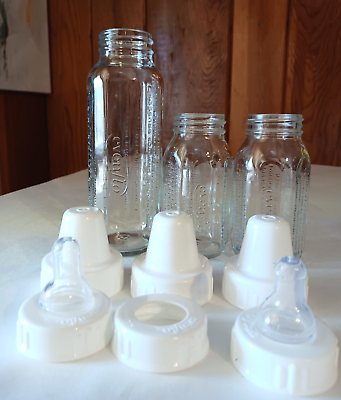 3 Glass Evenflo Baby Bottles with Caps Rings and Nipples Made in Mexico $16.11