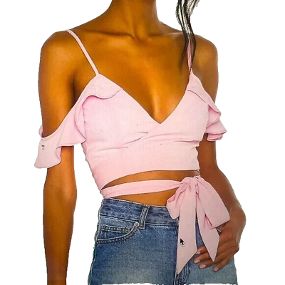 #ad Superdown Revolve Women SZ Small Crop Tank Blouse Wrap Pink Wrap Tie Ruffle NEW $36.49