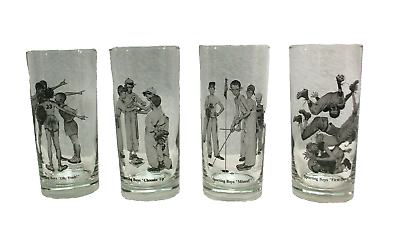 #ad Norman Rockwell Sporting Boys Drinking Glasses Vintage Set of 4 S9399 $39.99