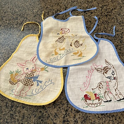 #ad Vintage Animal Set of 3 Baby Bibs Breakfast Lunch Dinner. Hand Embroidered $22.00