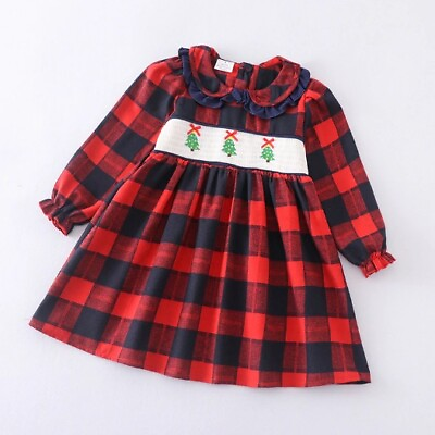 #ad NEW Boutique Christmas Tree Smocked Embroidered Plaid Long Sleeve Dress $13.59