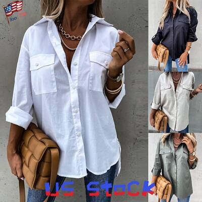 #ad Women Button Down Baggy Shirt Long Sleeve Ladies Casual Loose Plain Blouse Tops $17.69