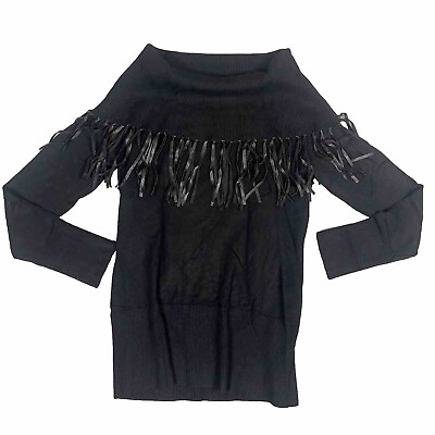 #ad Rare Women Off Shoulder Black Sweater Cowl Neck Ribbed Fitted Top Medium Fringed $22.89