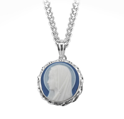 #ad Dark Blue Sterling Silver Madonna Side Profile Cameo Medal Necklace 18 In $141.70