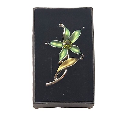 #ad 1950s 1970s Vintage Green Yellow Silver Floral Pin W original packaging. $14.21