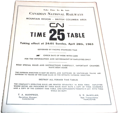 #ad #ad APRIL 1963 CANADIAN NATIONAL BRITISH COLUMBIA AREAO EMPLOYEE TIMETABLE #25 $30.00