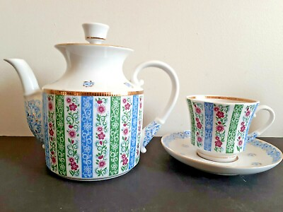 #ad Rare Hard to Find Pattern Russian Lomonosov Teapot and Tea Cup With Saucer $150.00
