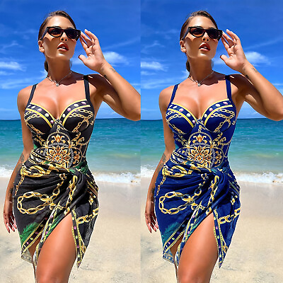 #ad One Piece Swimsuit With Beach Skirt V Neck Swimwear Women Beachwear Bathing $19.99