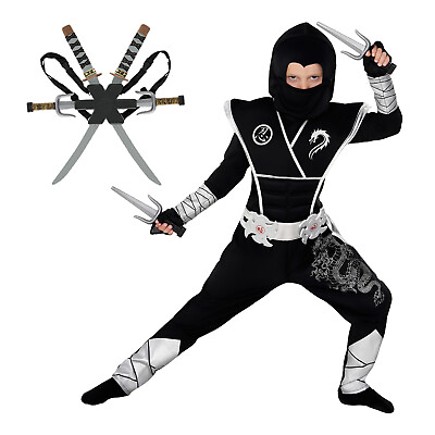 #ad Boys Silver Dragon Ninja Costume Toy Weapons Kids Samurai Warrior Suit Halloween $39.95
