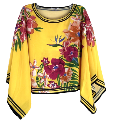 #ad Fashion Nova Blouse Top Womens Floral Kimono Style Colorful Tropical Yellow S $13.67