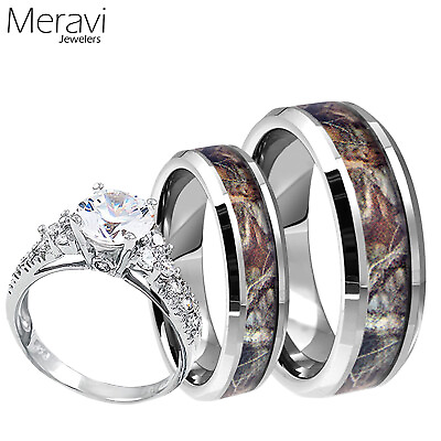 #ad Titanium Mossy Forest Oak Camo Band Sterling Silver CZ Wedding Ring His amp; Her $47.85