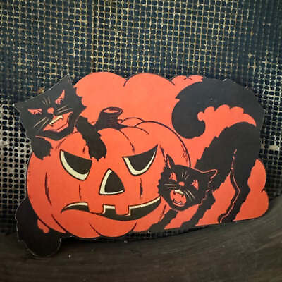 #ad Handcrafted Halloween Retro Two Cats and Jack O Lantern Wood Cutout 7quot; $12.00