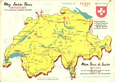 #ad Map Of Tourist Points Alpine Passes Cities My Swiss Tour Switzerland Postcard $9.85