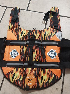 #ad Fido Pet Paws Aboard Dog Life Jacket Racing Flames Size Medium Bad To Bone $10.00