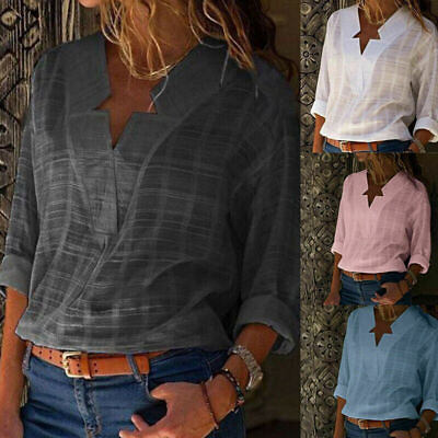 #ad Tops T Star Cotton Plain Tunic Linen Long Women Sleeve Neck Shirt Blouse Tee $15.98