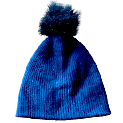 #ad Saks Fifth Avenue Cashmere amp; Faux Fur Pompom Winter Hat Cap Navy Unisex NWT $110 $85.00