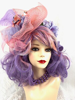 #ad Lavender and Peach Fun Party Show Wig with Matching Fascinator and Battery Light $225.00