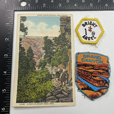 #ad Vtg 2 Patches GRAND CANYON National Park amp; Bright Angel Trail Tag POSTCARD27MP $21.99