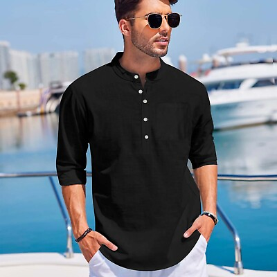#ad Mens Linen Beach Shirts Solid Loose Casual Shirt Blouse Top Cotton Summer Tee US $14.99