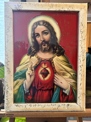 #ad Vintage Sacred Heart of Jesus Beautiful Christian Dimensional Kitschy Cool Art $64.40