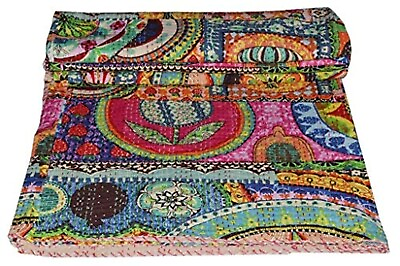 #ad Indian Kantha Patchwork Throw Cotton Queen Bedcover Hippie Reversible Bed Quilt $62.78