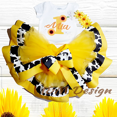 #ad Outfit Birthday Litle Girl Sunflower Cow Tutu Personalized Shirt Handmade 3 Pcs. $56.00