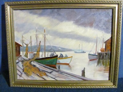 #ad Rockport School Vintage Oil Painting of Fishing Trawlers Moored by their Docks $239.00