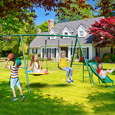 #ad Metal Swing Set with Slide Heavy Duty Outdoor Kids Playset Backyard 2 Swing Seat $236.65