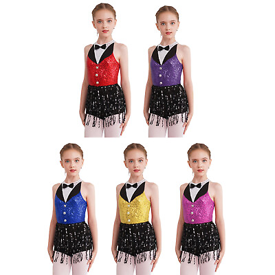 #ad Kids Girls Dancewear Tuxedo Dance Dress Boyshorts Leotard Tassel Romper Bowtie $14.03