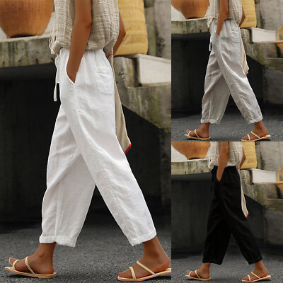 #ad Summer Womens Ladies Cotton Linen Loose Casual Harem Pants Drawstring Trousers $18.79