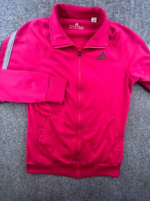 #ad Adidas Girls Track Jacket Medium 12 14 Pink Full Zip Striped w Logo Pockets $14.08