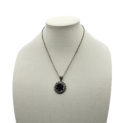 #ad Vintage Necklace Signed 2028 Rose Pendant Rhinestones Silver Tone Black 21” $8.40