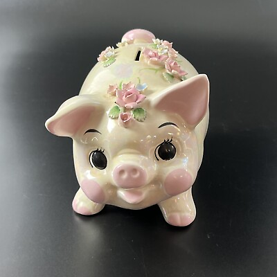 #ad Vintage Lefton Piggy Bank Japan Floral Lusterware Anthropomorphic Hand Painted $24.99