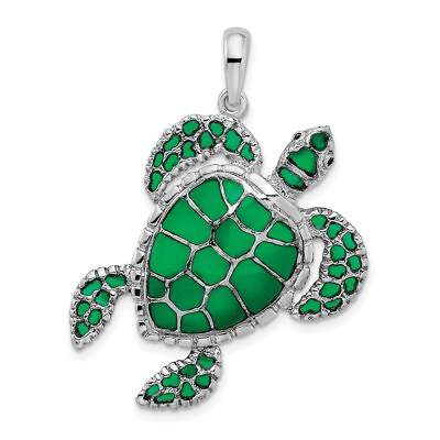 #ad Sterling Silver Rhodium Plated Polished Enameled Green Sea Turtle Pendant $90.00