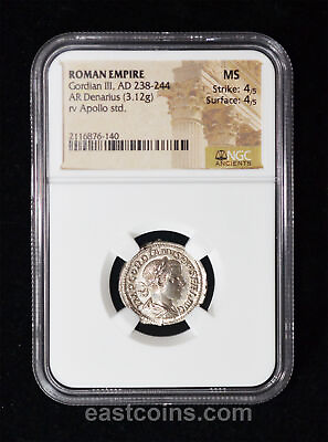 #ad NGC MS 4 5 4 5 AD 238 244 Roman Empire Gordian III AR denarius 20mm 3.12 g $410.00