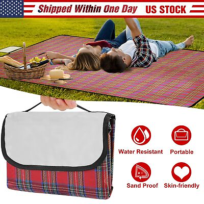 #ad 79quot;x60quot; Picnic Blanket Plaid Waterproof Outdoor Camping Rug Beach Grass Mat Tote $16.60