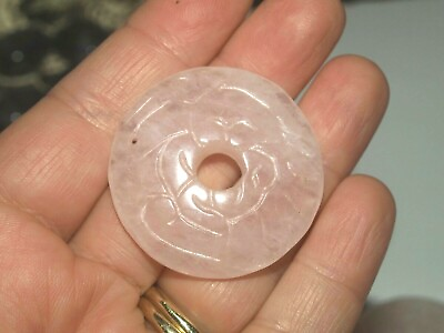 #ad Vintage Carved Chinese Pink Rose Quartz Stone Bi or Pi Disc Large Pendant 40mm $18.88
