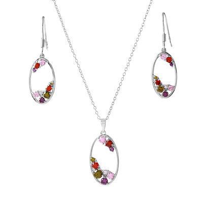 #ad 925 STERLING SILVER LADIES MULTI COLOR NECKLACE PENDANT W MATCHING EARRINGS $75.28