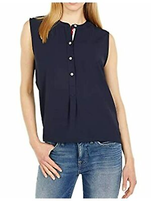 #ad TOMMY HILFIGER Womens Navy Pleated Buttoned Band collar Sleeveless Top M $14.99