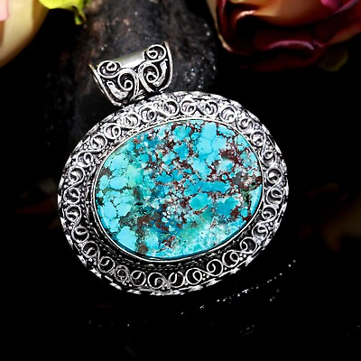 #ad Tibetan Turquoise Gemstone Vintage 925 Sterling Silver Handmade Pendant Jewelry $15.99